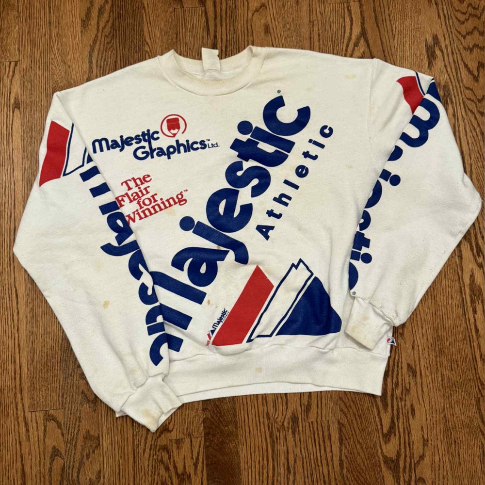 VINTAGE Majestic Graphic Sweatshirt Mens Large All Over Print AOP FLAWS Crewneck